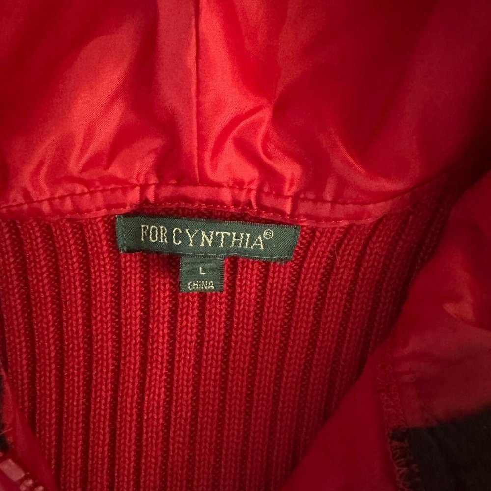 For Cynthia Quilted Red Vest With Knit Back And Black Faux Fur Trim Hood Size L - Picture 2 of 8